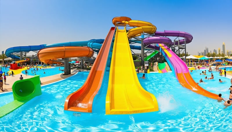 A panoramic view of Water Park Dubai with colourful slides, pools, and guests enjoying the attractions. A panoramic view of Water Park Dubai with colourful slides, pools, and guests enjoying the attractions.