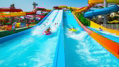 A vibrant water park in Dubai with thrilling slides, wave pools, and happy families enjoying the attractions. A vibrant water park in Dubai with thrilling slides, wave pools, and happy families enjoying the attractions.