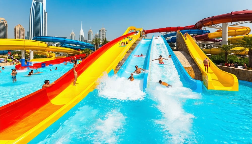 A vibrant water park in Dubai with slides, pools, and happy visitors A vibrant water park in Dubai with slides, pools, and happy visitors